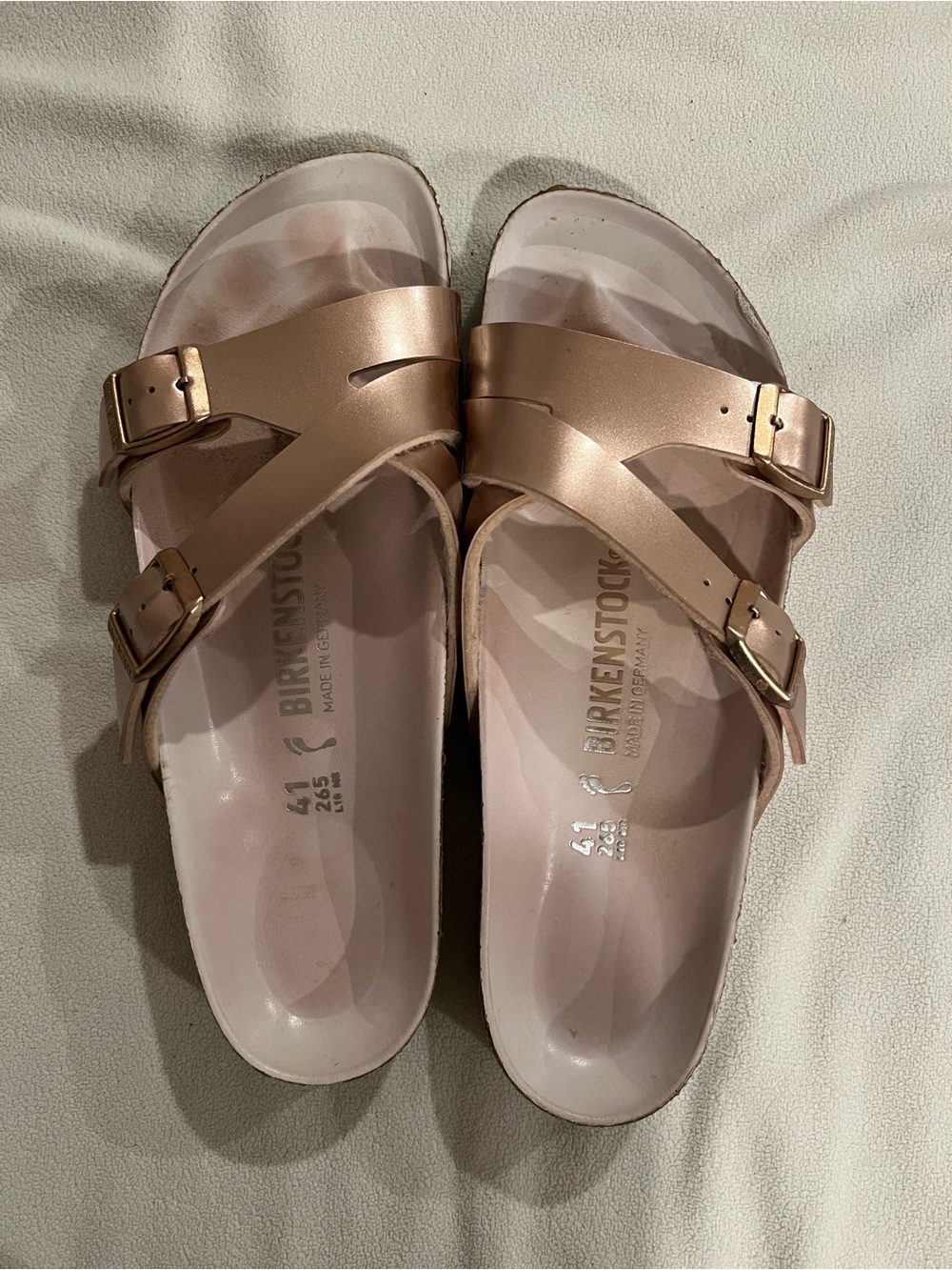 Birkenstock Metallic Rose Gold Two-Strap Slide Sandals - Picture 2 of 3